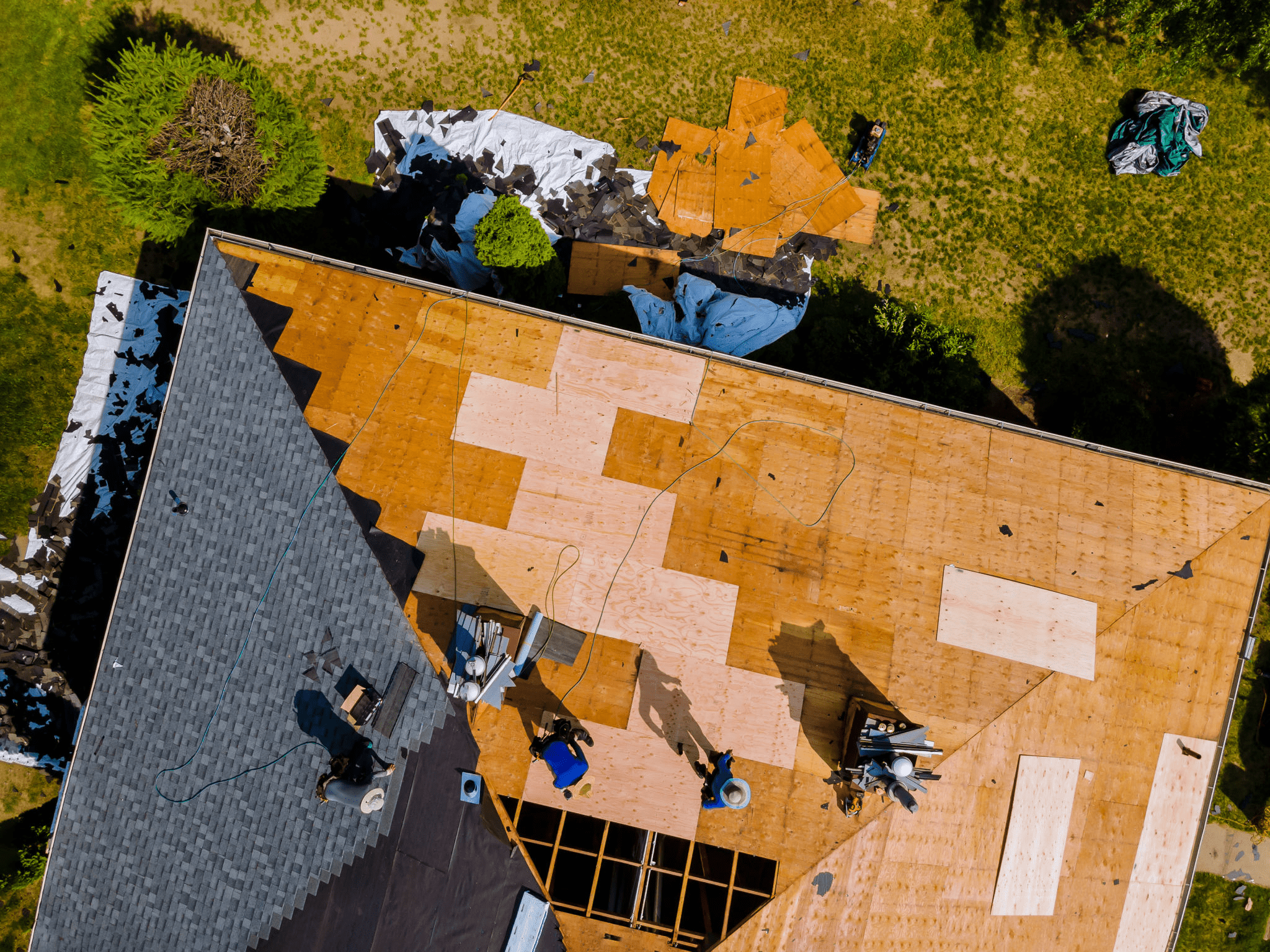 Aerial view of roof renovation work